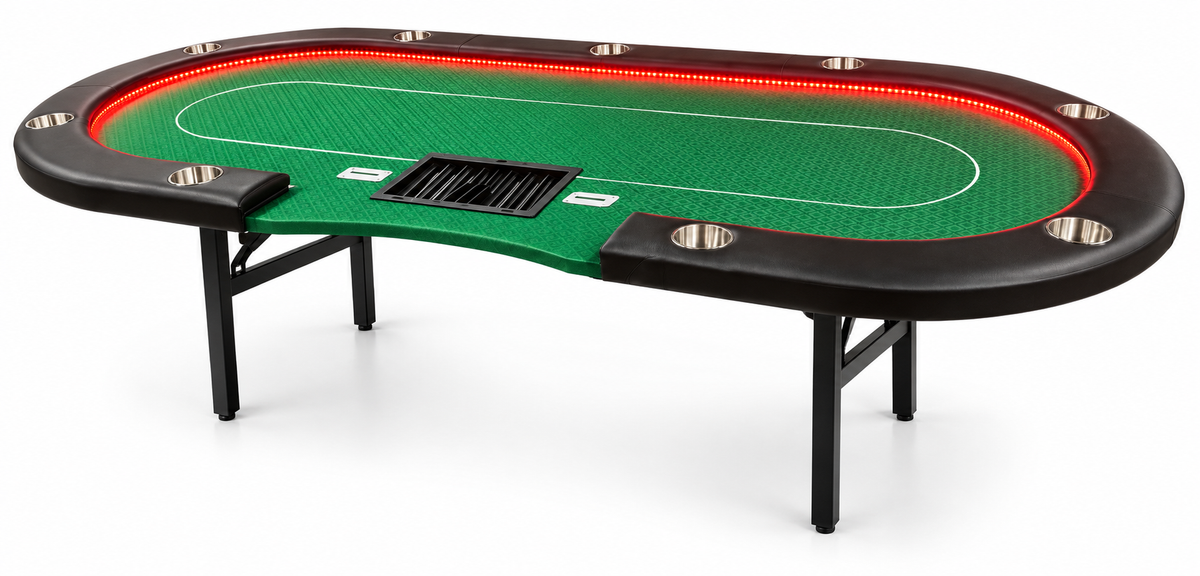 108-Inch Professional Poker Table with LED Lights, USB Charging & Folding Legs – Green Felt